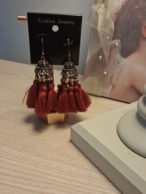 Fashion Jewelry Burnt Orange Tassel Jhumka Earrings